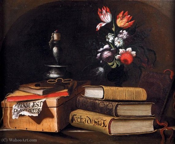 Still Life With Candle, Book And Vase Of Flowers On A Stone Ledge — Simon Renard De Saint André