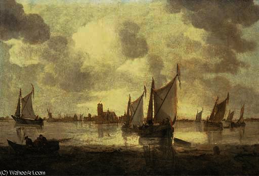 Dutch Kaags And Other Shipping In Calm Seas, A View Of Dordrecht Beyond — Abraham Hendricksz. Van Beyeren