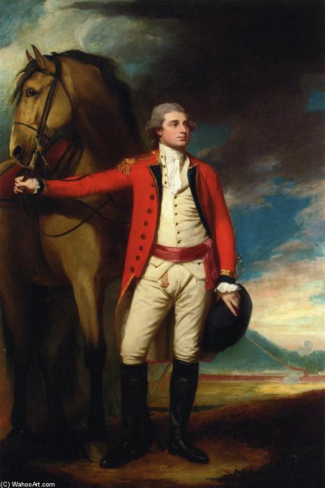 Portrait Of Major James Harelty, Full-length, In Uniform, Holding His Horse, A Formation Of Soldiers Beyond — George Romney