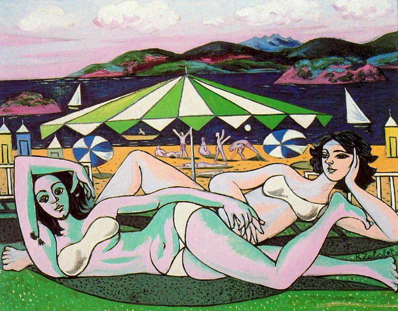 Bathers On The Beach Under Umbrella — Rafael Zabaleta Fuentes
