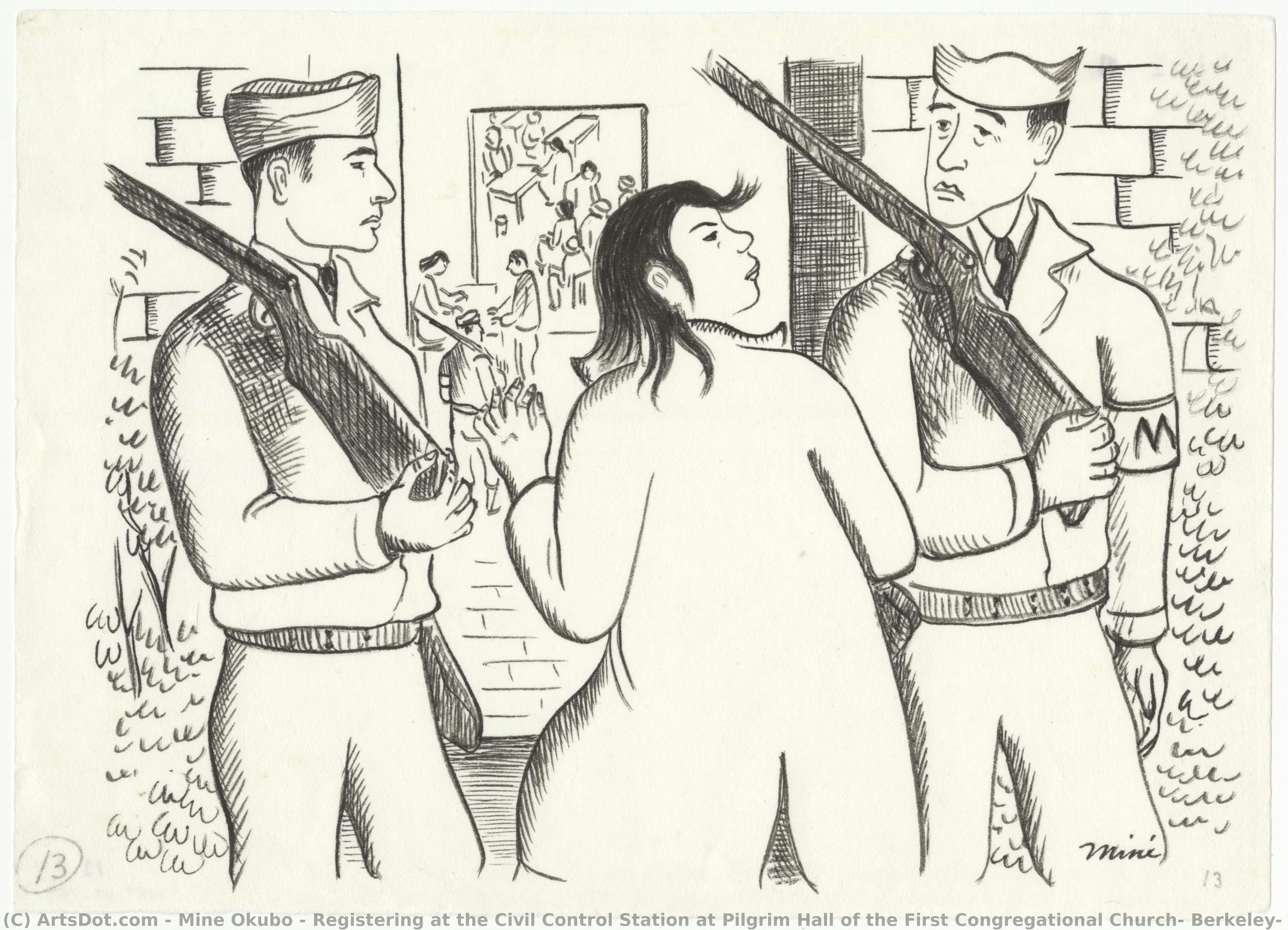 Registering At The Civil Control Station At Pilgrim Hall Of The First Congregational Church, Berkeley, California, 1942 — Miné Okubo
