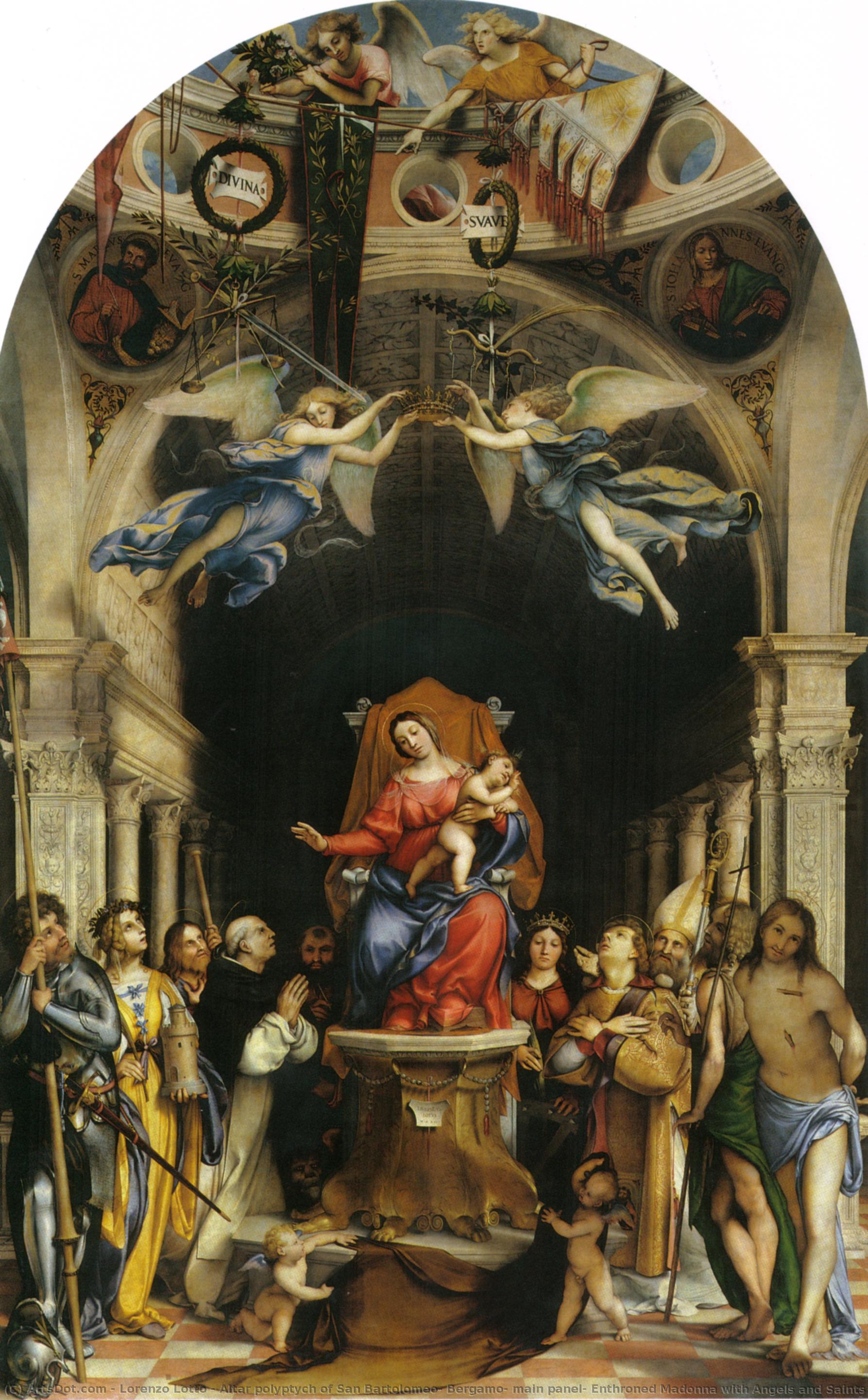 Altar Polyptych Of San Bartolomeo, Bergamo, Main Panel: Enthroned Madonna With Angels And Saints - Alexander Of Bergamo, Barbara, Roch, Dominic — Lorenzo Lotto