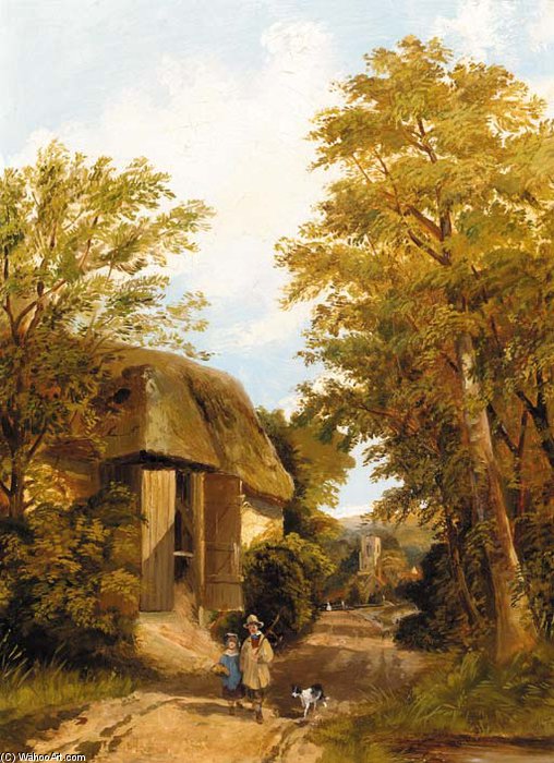 Figures On A Track By A Barn, A Village Beyond — Frederick Richard Lee