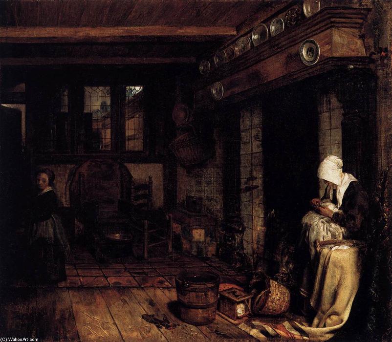 Dutch Interior With Woman Sewing — Esaias Boursse