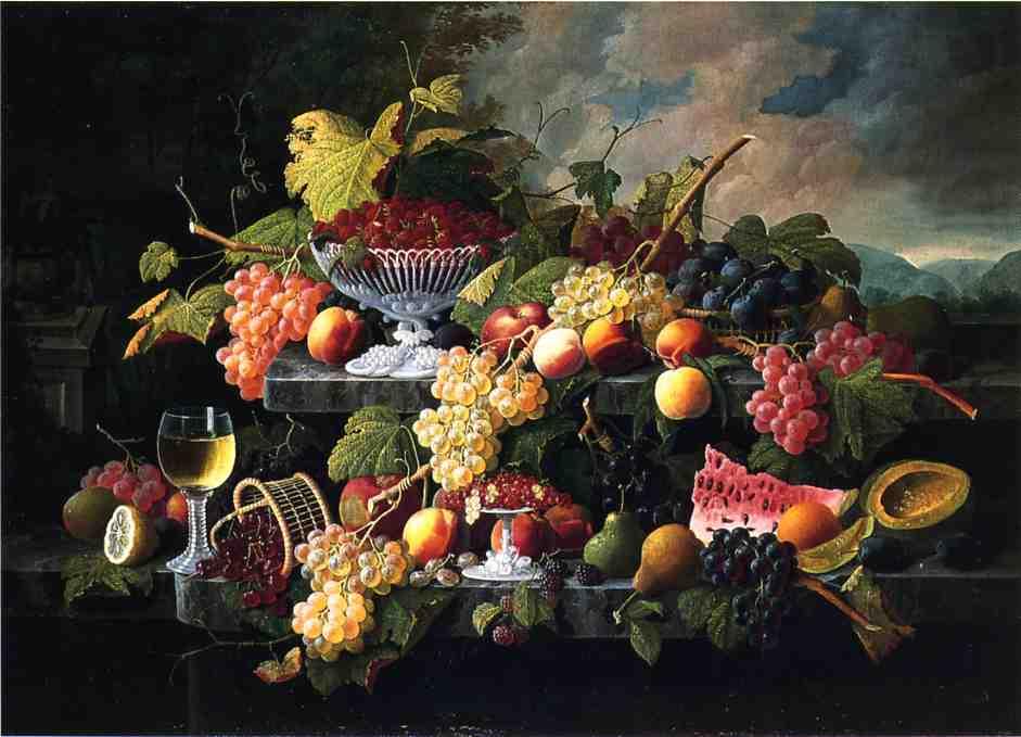 Fruit Still Life With Wine Glass In A Landscape — Severin Roesen
