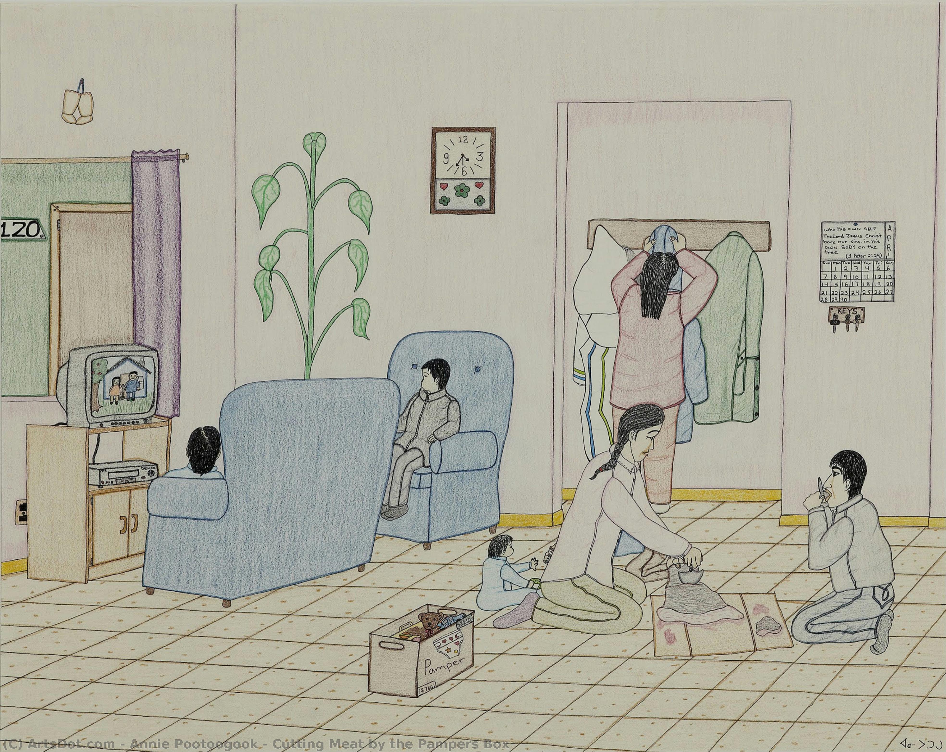 Cutting Meat By The Pampers Box — Annie Pootoogook