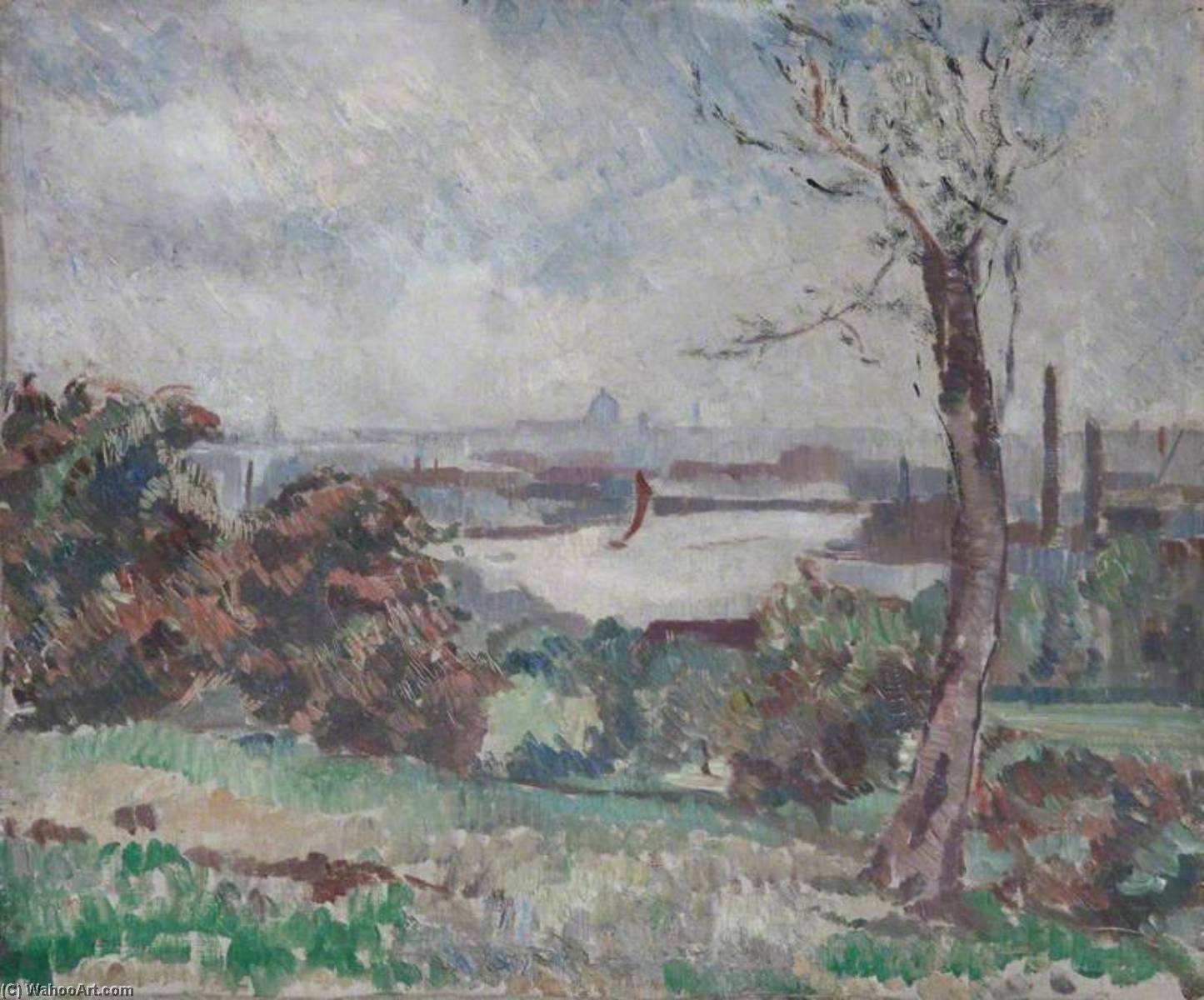 View Over A Field With A Tree To A Boating Lake — Alan Francis Clutton Brock