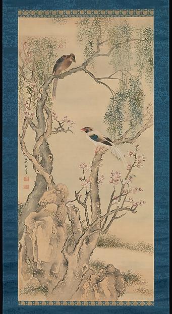 与謝蕪村筆 柳緑桃紅図 Birds In Willows And Blossoming Peach Tree — Yosa Buson