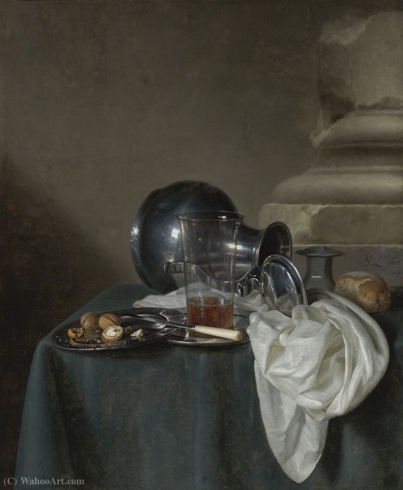 A Still Life With A Pewter Jug On Its Side, A Glass Of Ale, A Salt Cellar, A Bread Roll And Other Objects On A Table Draped In A Dark Green Cloth — Simon Luttichuijs
