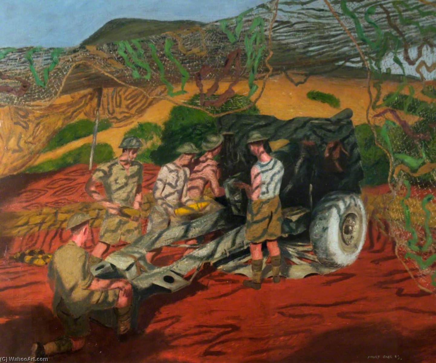 A Camouflaged 25 Pounder Gun In Action Near Medjez El Bab With Djebel Djaffa, Tunis, In The Background — Henry Marvell Carr
