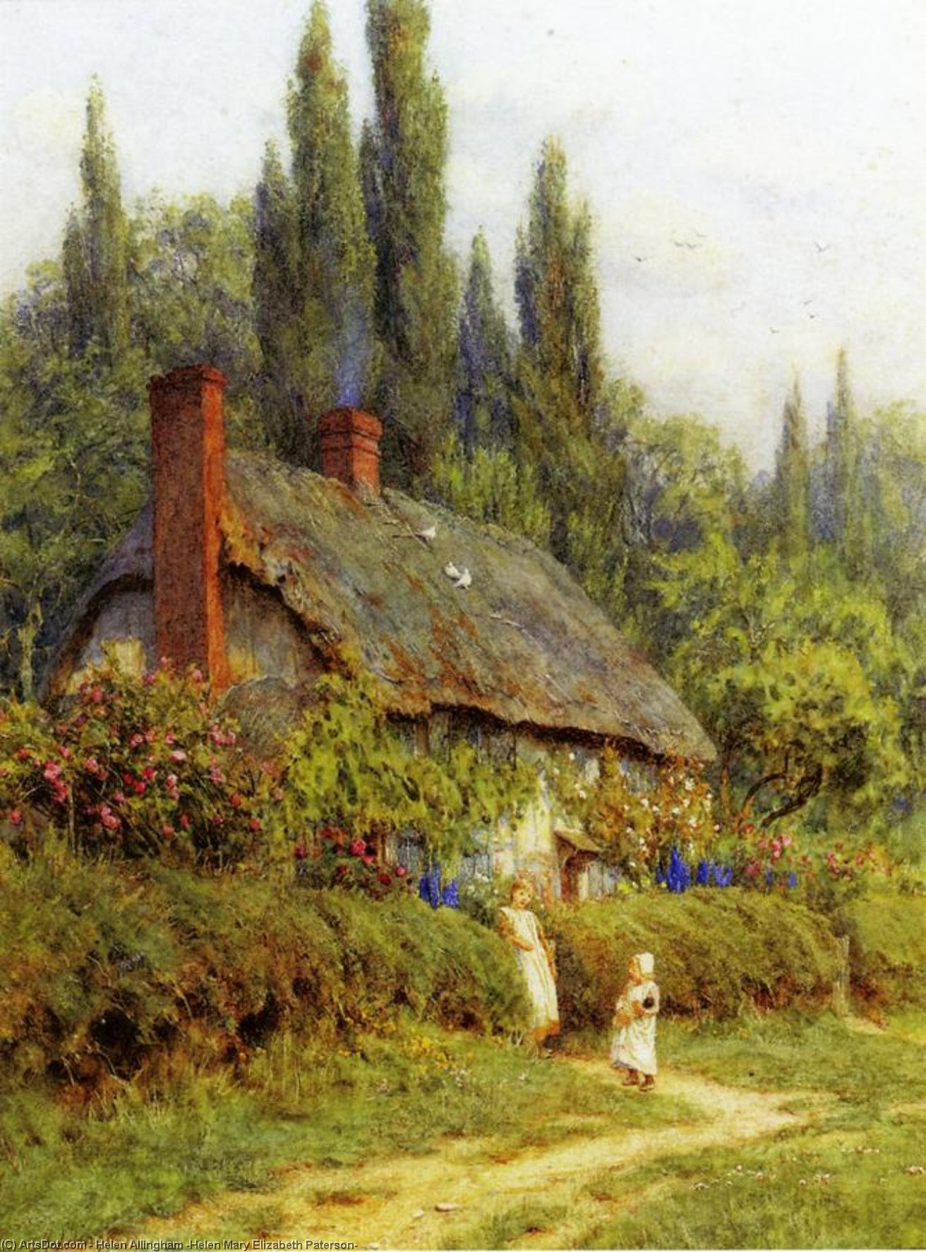 Children On A Path Outside A Thatched Cotate, West Horsley, Surrey — Helen Allingham