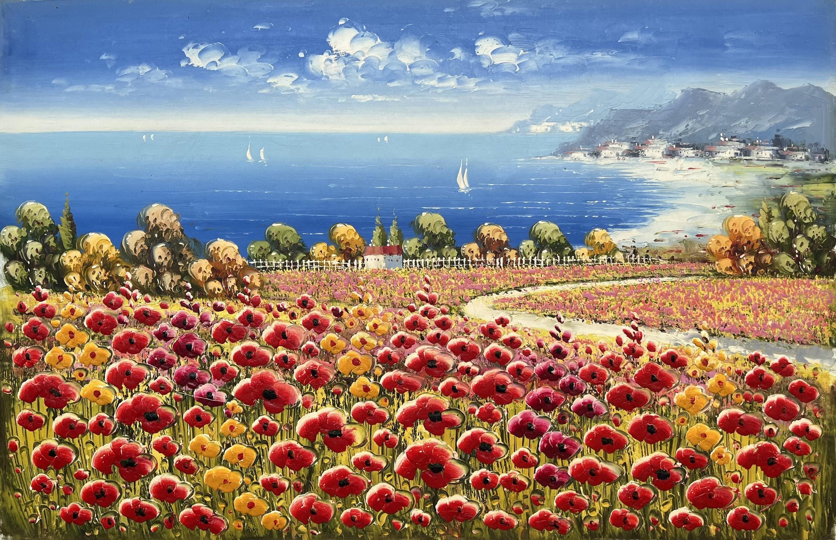 Impressionist Poppy Field And Coastal Village