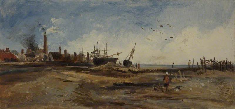 Beach With Village, Boats And A Walking Figure — George Hornblower Simms