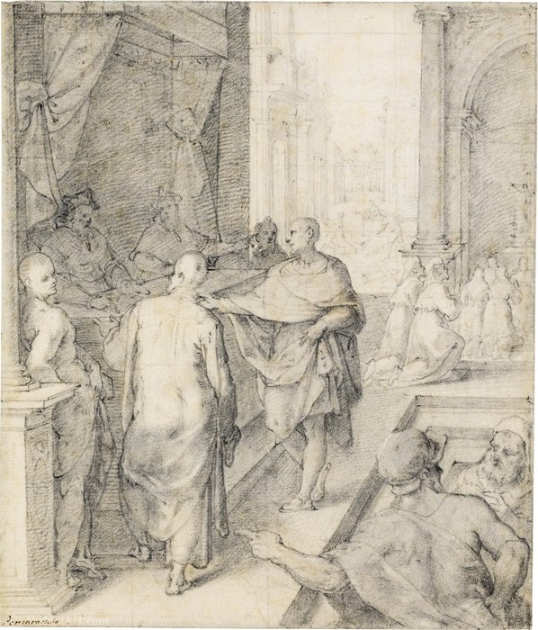 The Foundation Of The Church Of St. Chiara An Assembly Presided Over By Two Cardinals, In The Background Worshippers Kneeling At An Altar — Pomarancio