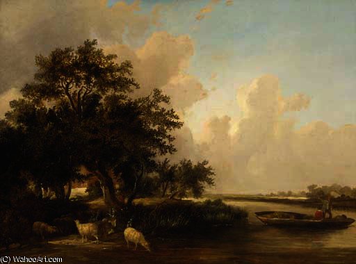 Figures In A Punt With Sheep Watering In A Wooded Landscape — Edward Charles Williams