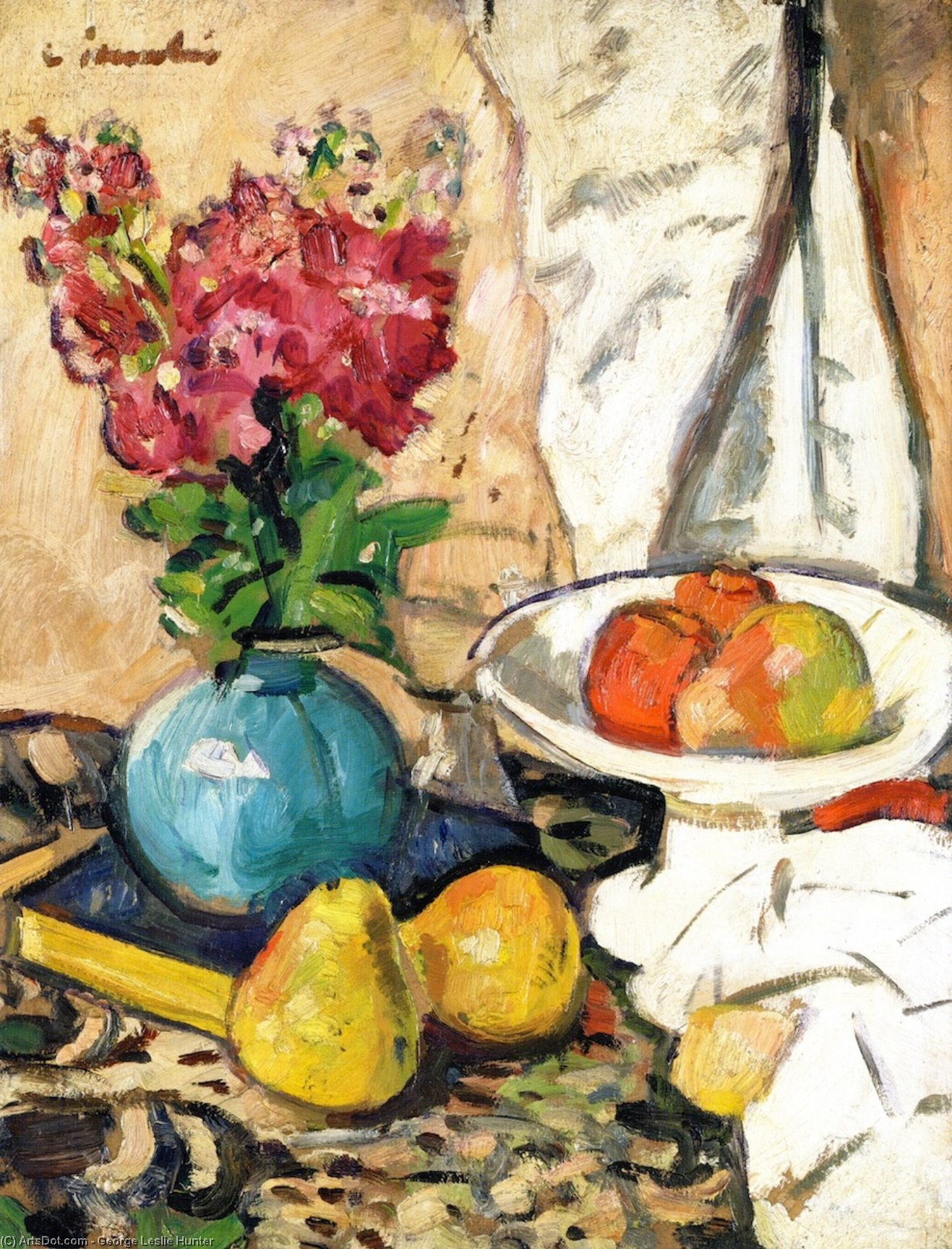 Still Life With Fruit And Flowers In A Green Vase — George Leslie Hunter