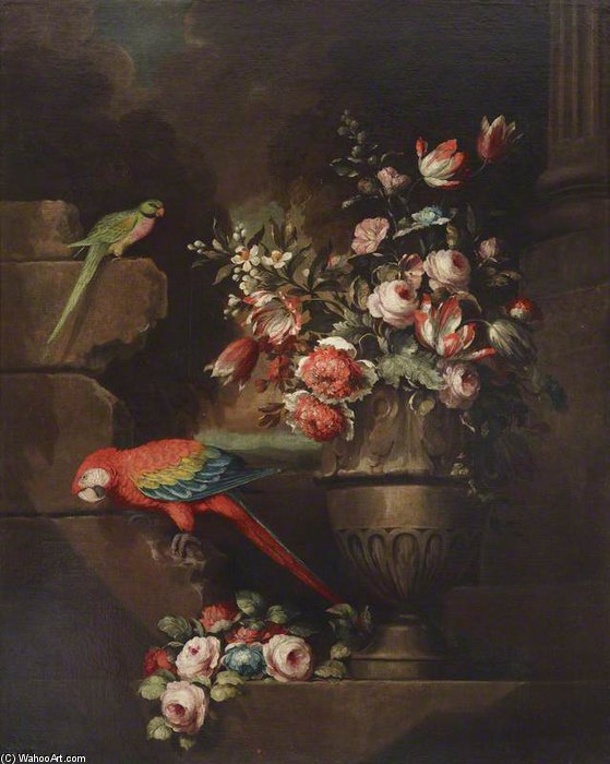 Still Life With Flowers In An Urn And Two Parrots — George Philip Reinagle