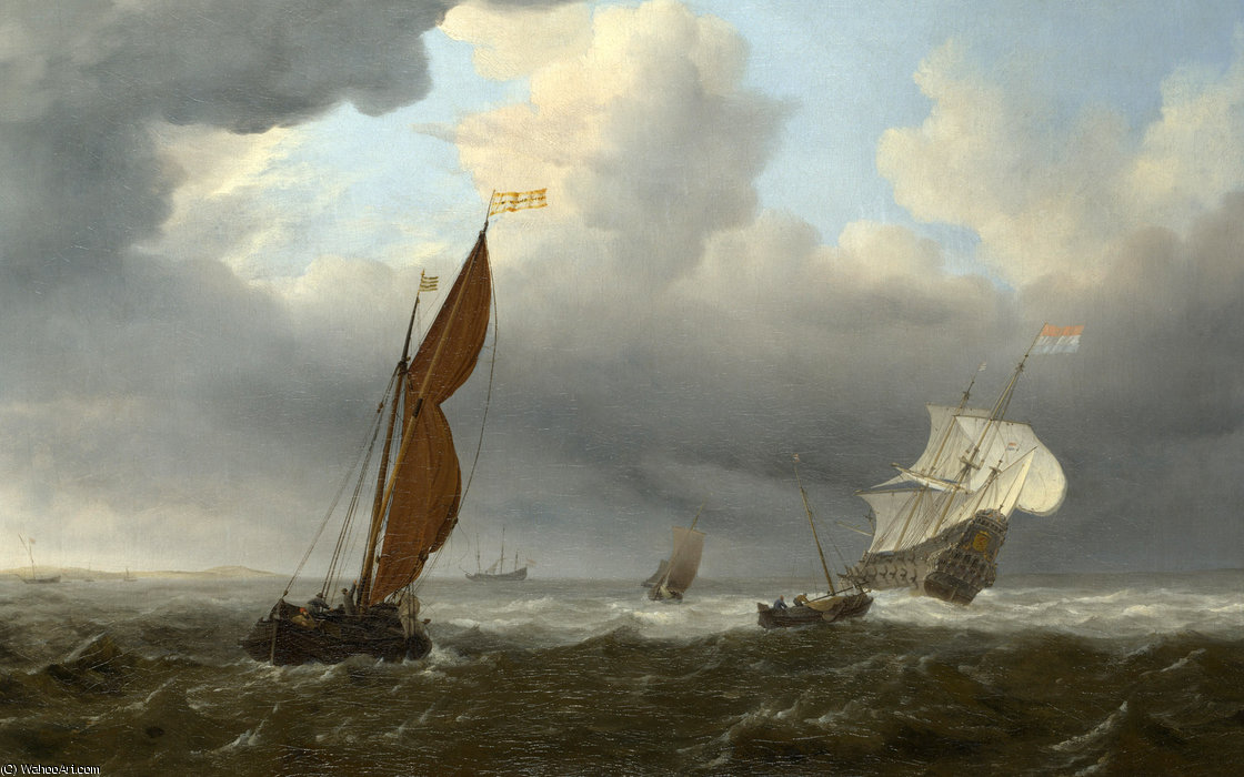 A Dutch Ship And Other Small Vessels In A Strong Breeze — Willem Van De Velde The Younger