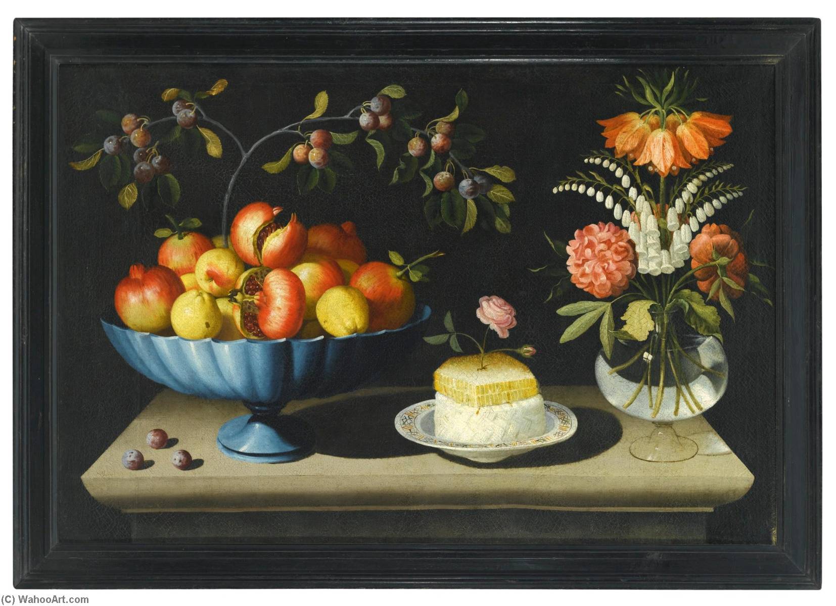 Still Life With A Blue Bowl Of Pomegranates And Peaches, A Plate Of White Cheese With A Honeycomb And A Rose, And Flowers In A Glass Vase — Bernardo Polo