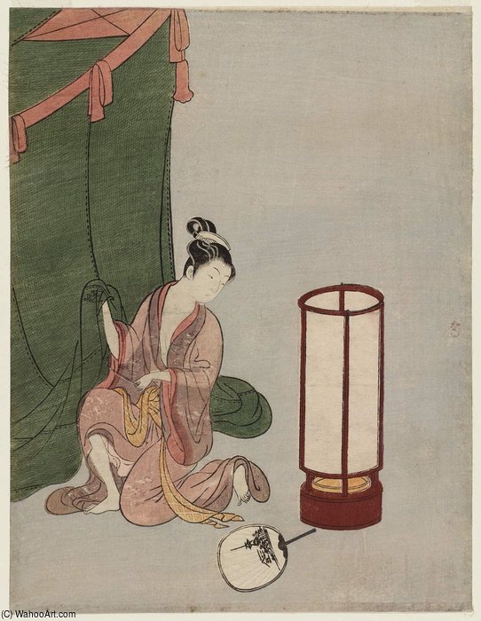 Young Woman Preparing To Sleep Under A Mosquito Net — Suzuki Harunobu