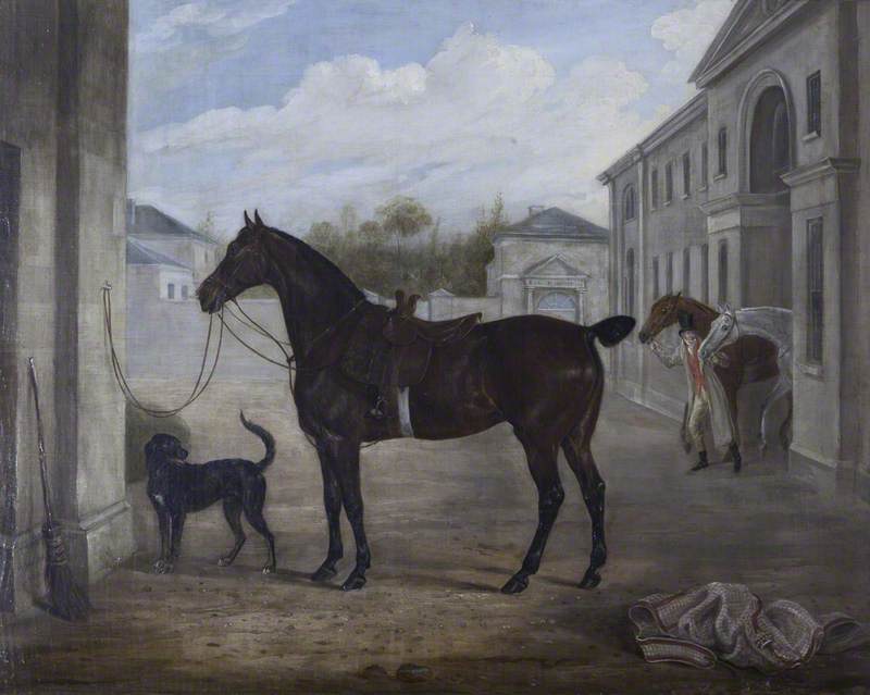 A Hunter And A Retriever Outside Shugborough Stables — William Webb