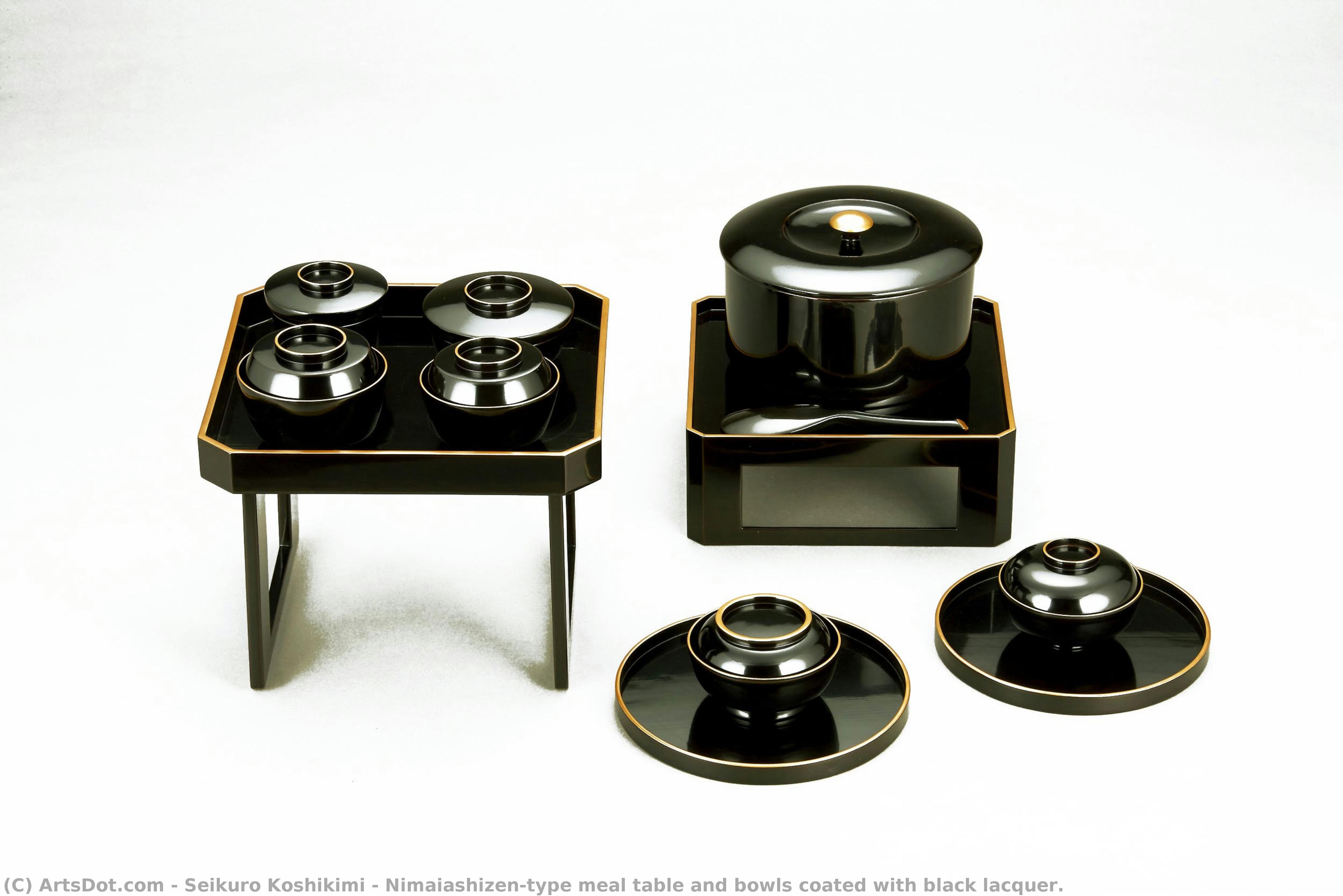 Nimaiashizen-type Meal Table And Bowls Coated With Black Lacquer. — Seikuro Koshikimi