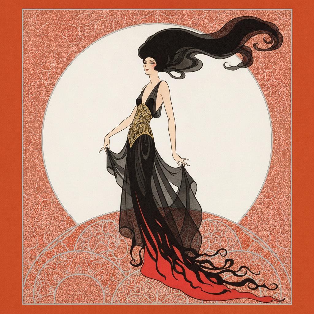 Crimson Stippled Field With Silhouetted Figure In Gold Filigree — Valentin Laurent De Courcey