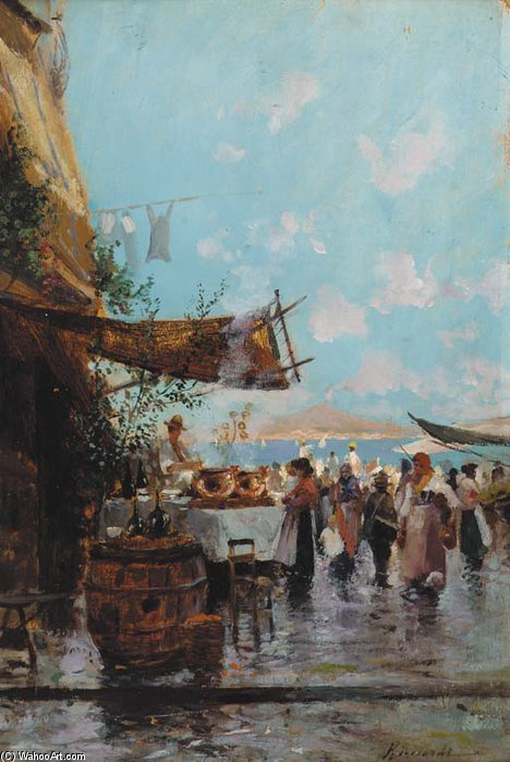 A Market By The Bay Of Naples With Mount Vesuvius Beyond — Oscar Ricciardi