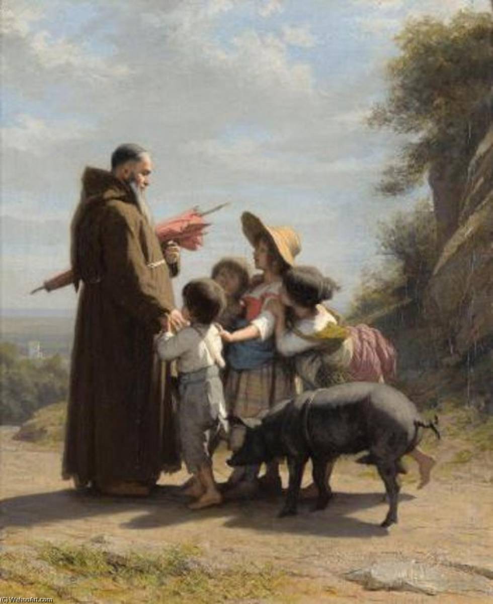 A Franciscan Monk With Children — Alfred Jacques Van Muyden