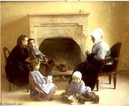 Family Seated Around A Hearth — Henri Jules Jean Geoffroy Dit Geo
