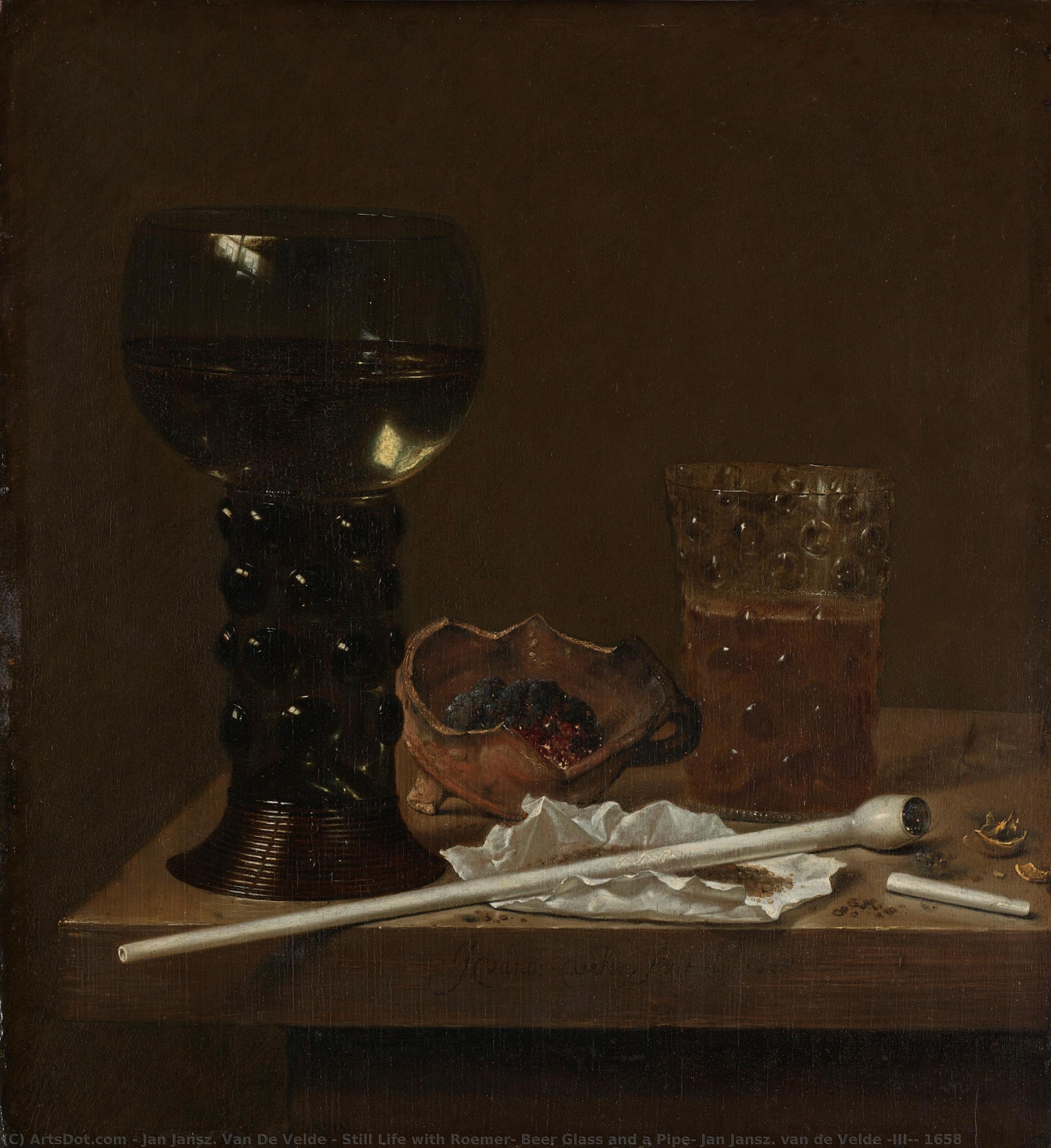 Still Life With Roemer, Beer Glass And A Pipe, Jan Jansz. Van De Velde (iii), 1658 — Jan Jansz Van De Velde