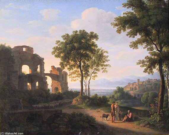 Sunlit Ruin Landscape With A Family On A Way And Shepherd With Sheeps — Johann Nepomuk Schödlberger