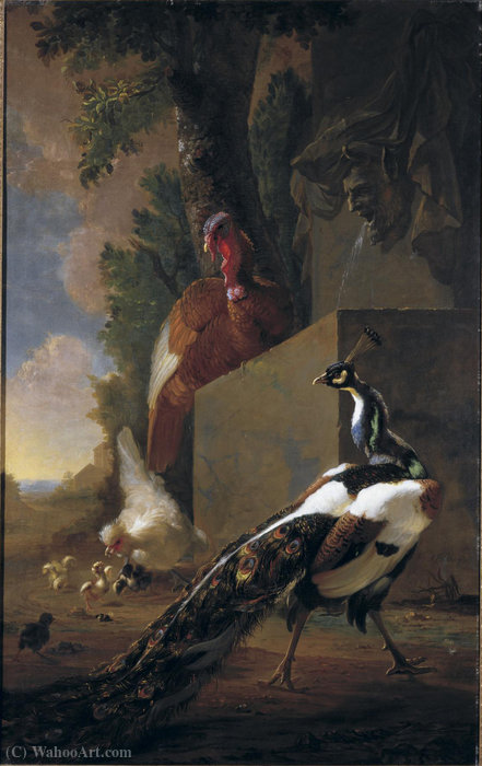 A Turkey, Peacock, A Chicken With His Chicks Beside A Classical Fountain In A Landscape — Abraham Bisschop