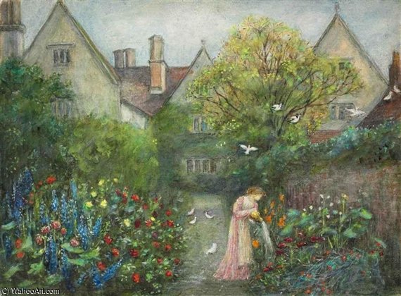A Lady In The Garden At Kelmscott Manor, Gloucestershire — Marie Spartali Stillman