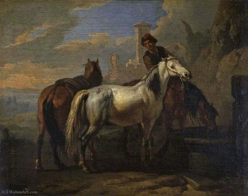 Horses Drinking At A Fountain — Pieter Van Bloemen
