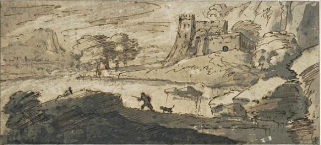 Hunter In A Lake Dominated By A Fortress — Salvator Rosa
