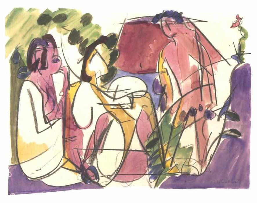 Two Seated Woman And A Striding Man — Ernst Ludwig Kirchner