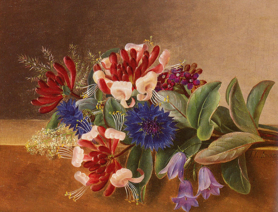 A Still Life With Honeysuckle, Blue Cornflowers And Bluebells On A Marble Ledge — Johan Laurentz Jensen
