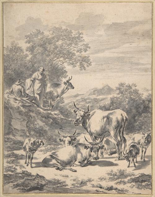 Herdsmen With Cattle And Sheep In Italianate Landscape — Nicolaes Pietersz Berchem