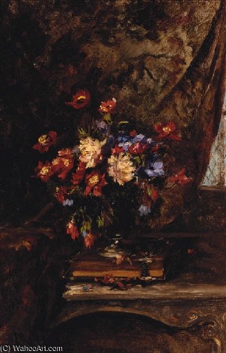 A Vase Of Mixed Flowers On A Book In An Interior — Alexandre Rene Veron