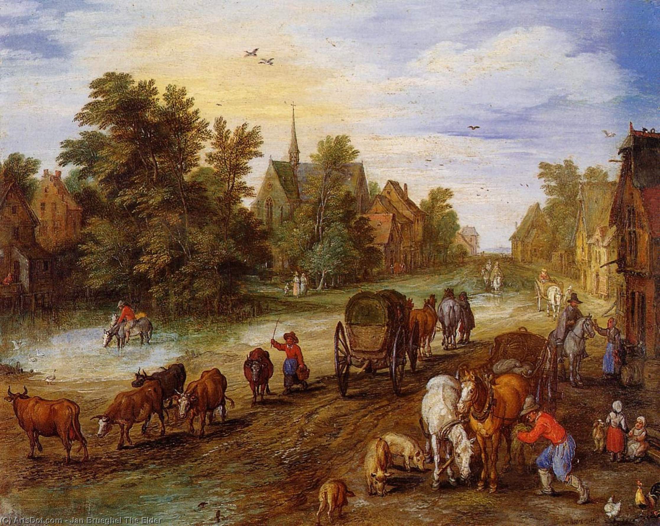 Busy Village Street With Resting Travellers — Jan Brueghel The Elder