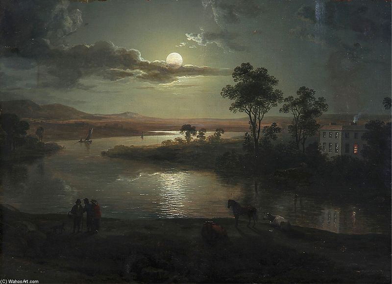 Evening Scene With Full Moon And Persons — Abraham Pether