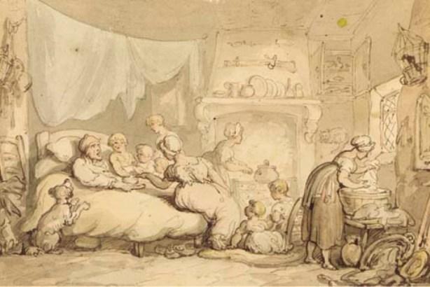 A Father In His Bed Surrounded By His Wife And Children — Thomas Rowlandson