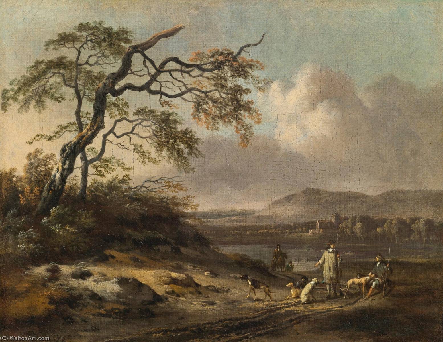 Dune Landscape With Hunters In The Foreground, A Lake And Mountains Beyond — Jan Jansz Wijnants