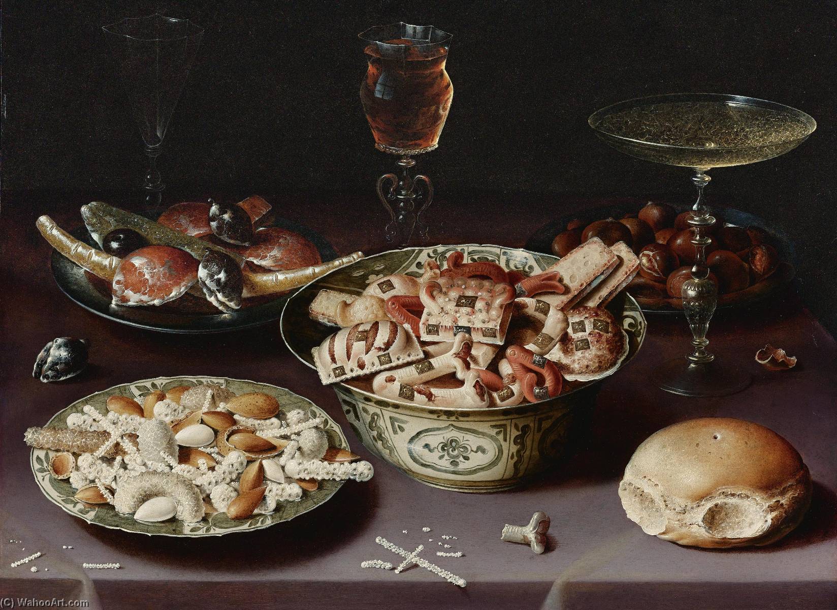 A Still Life Of Porcelain Vessels Containing Sweets, Pewter Plates Bearing Sweets And Chestnuts, Three Pieces Of Glassware And A Bread Roll On A Table Draped With A Mauve Cloth — Osias Beert The Elder