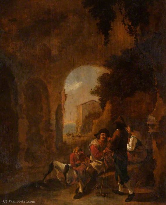 Roman Peasants Conversing In A Grotto Amongst Ruins — Frederick De Moucheron