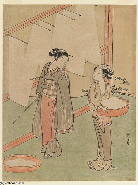 Young Girl And Servant Drying Japanese Fine Noodles — Suzuki Harunobu