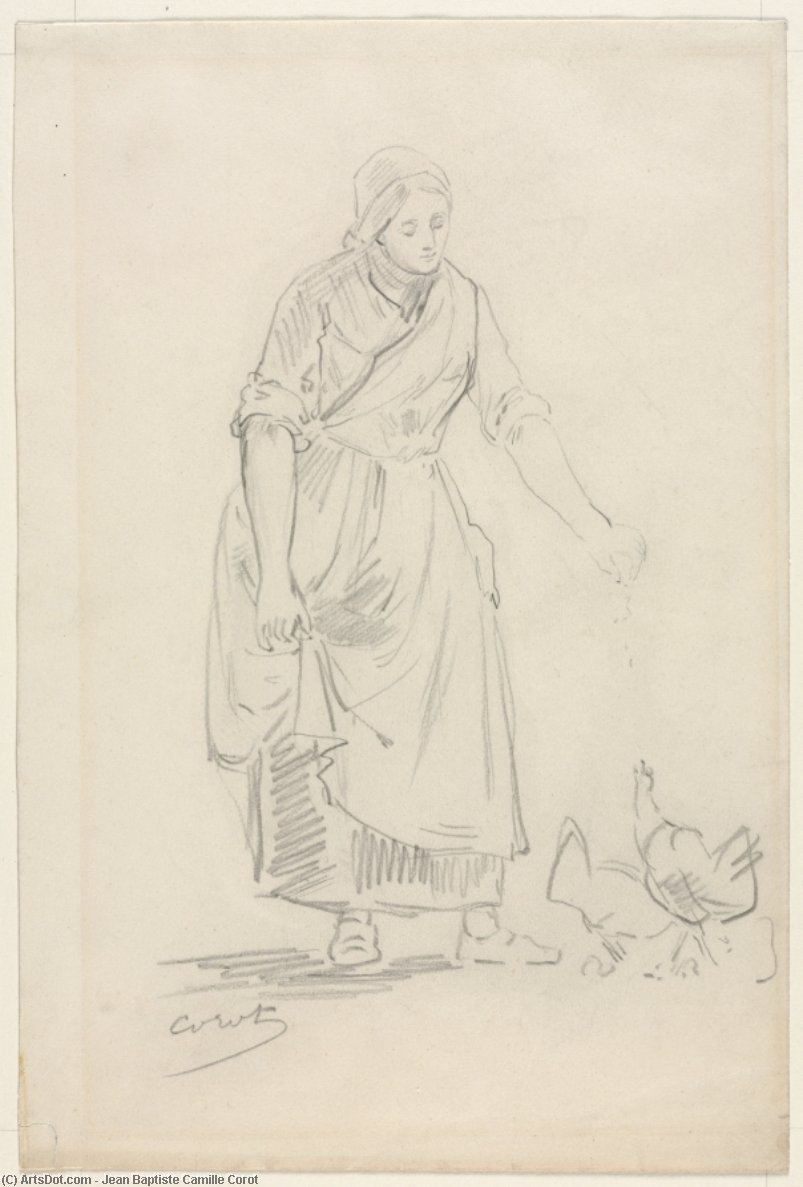 Peasant Girl Feeding Chickens — Jean-baptiste-camille Corot