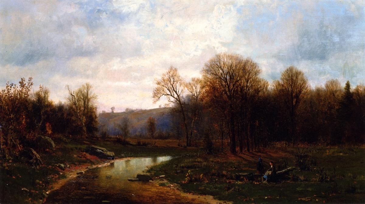 Figures Y A River In An Autumnal Landscape — Jervis Mcentee