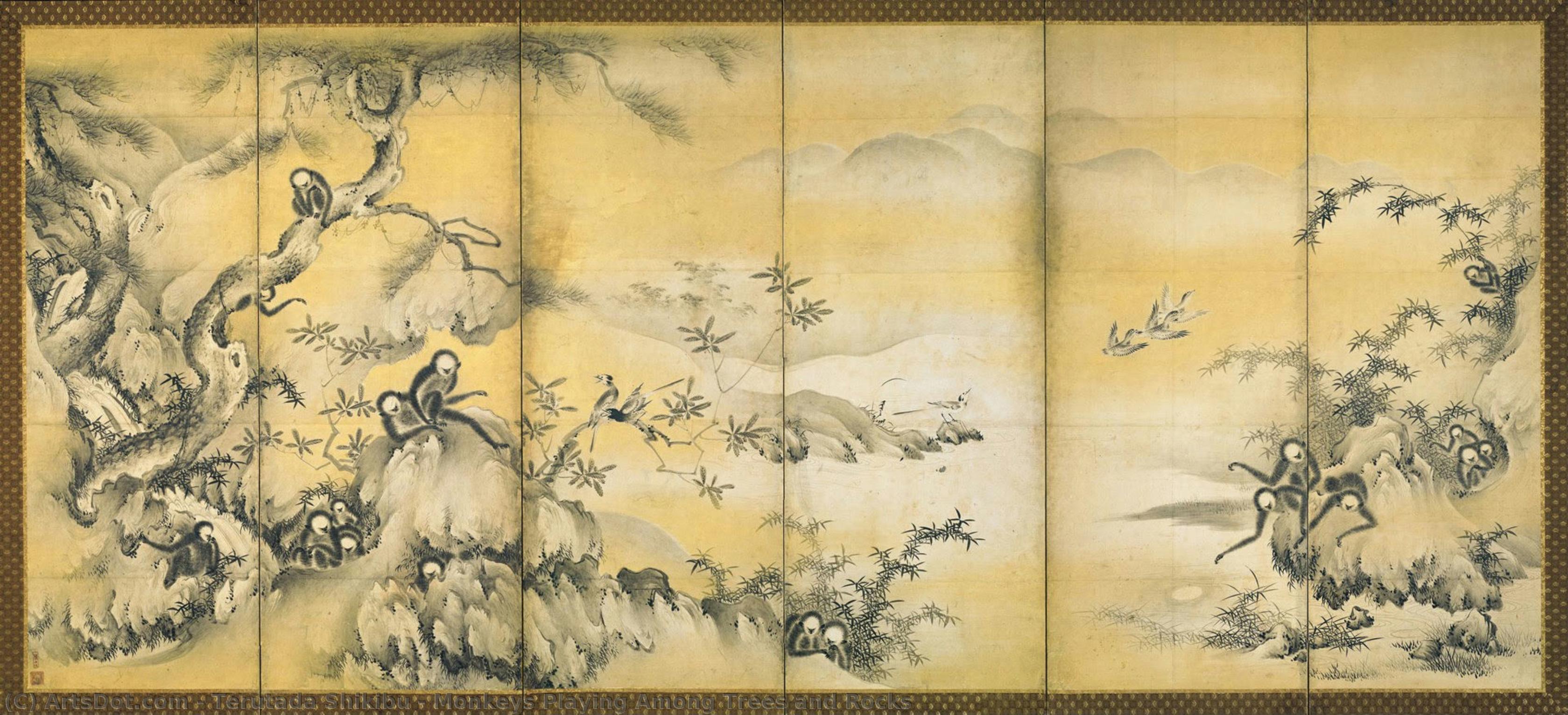 Monkeys Playing Among Trees And Rocks — Terutada Shikibu